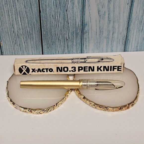 Vintage X-ACTO Pen Knife Gold Tone Metal Barrel NO. 3 Safety Cap Pocket Clip Box - Picture 1 of 7